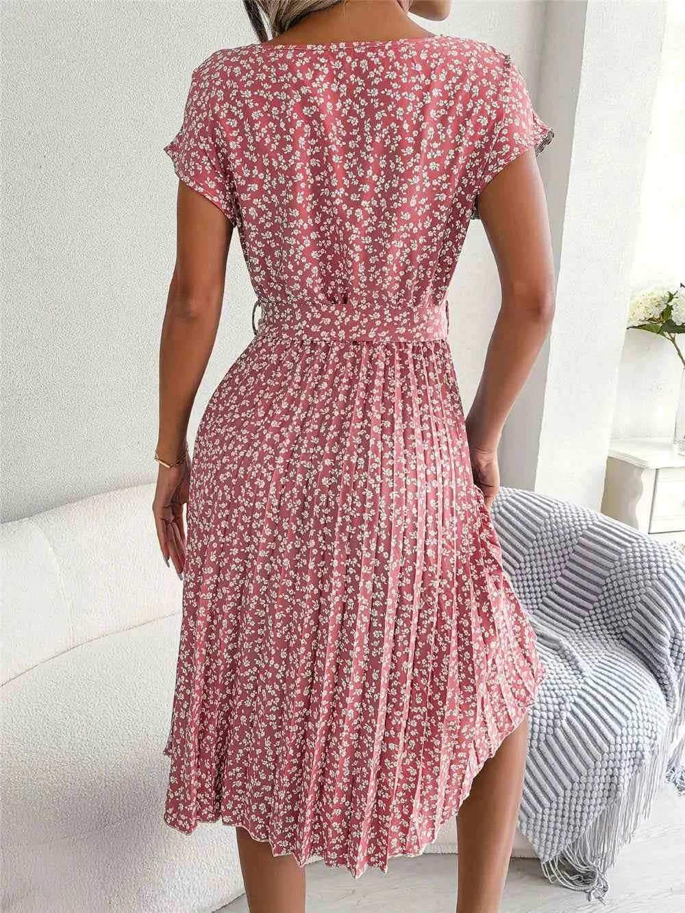Ficusrong Fashion Floral Pleated A Line Long Dress Women Spring Summer Short Sleeve High Waist Chic Dress