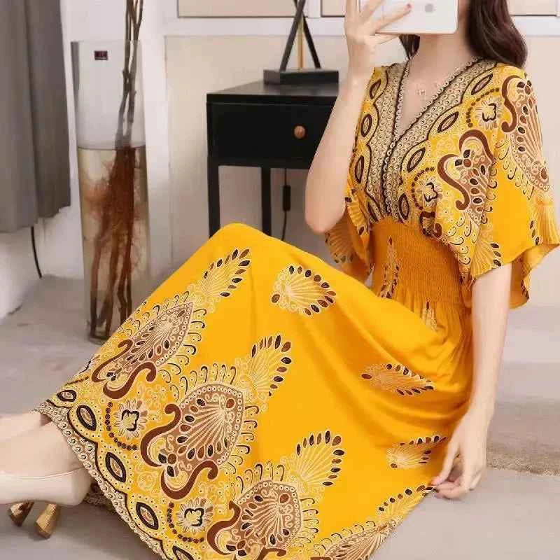 Colorful Flower V-neck Elastic Youthful Bohemian Sweet Midi Dress Woman Clothes Chic Fashion Summer Dresses 2025 Large Swing Ski