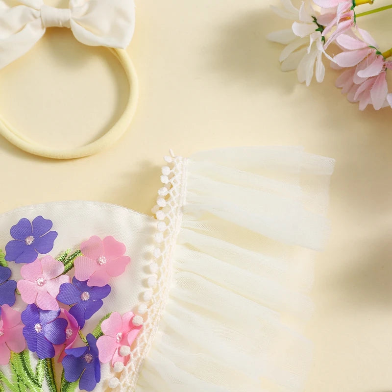 Baby Girl Princess Romper Dress Cute Summer Ruffle Sleeveless 3D Flower Tulle Tutu Rompers with Headband 2Pieces Infants Outfits