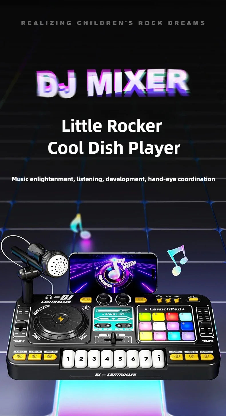 Kids DJ Controller Music Toy Mixer with Microphone LED Light Electronic Music Game DJ Turntable for Children Birthday Gifts