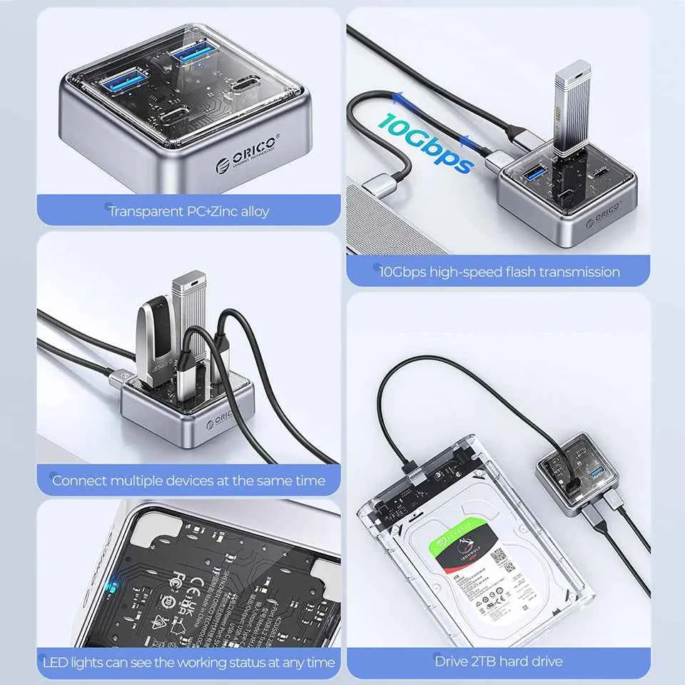 ORICO Multi 4 Port USB 3.2 Hub Splitter 10Gbps USB A Type C Slot Docking Station Multiple USB3.0 Adapter Extender for Laptop PC