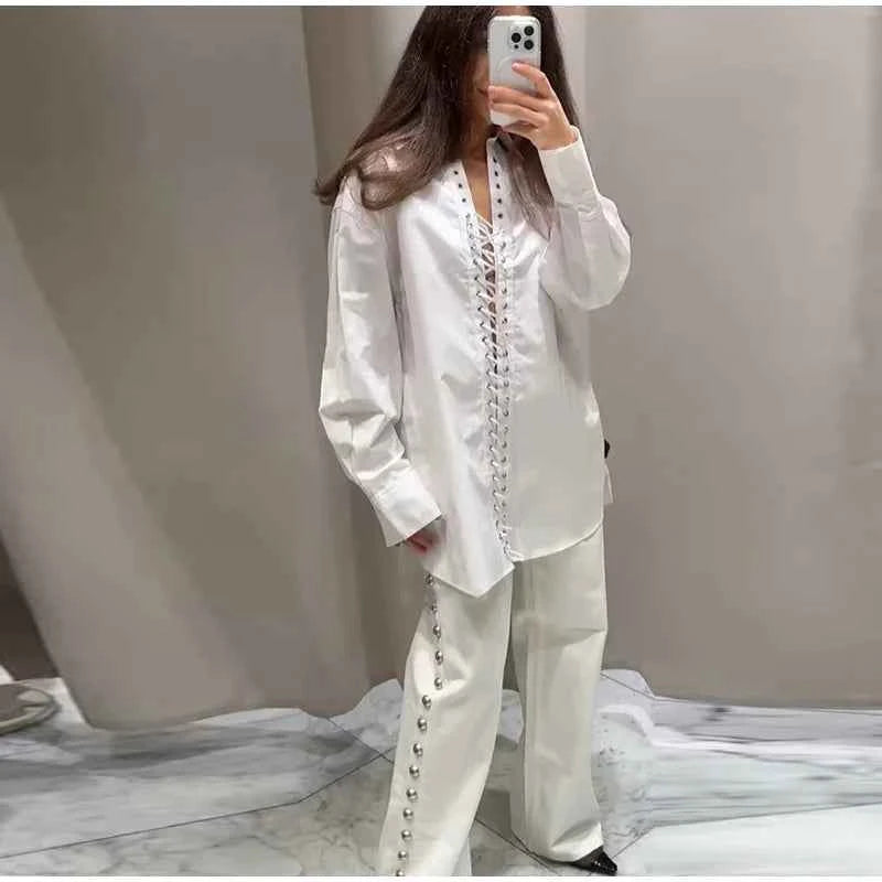 Fashion Lapel Long Sleeve Shirts & Blouses For Women Autumn Weave Drawstring Blouse Lady Holiday Street Chic Tops Ropa De Mujer