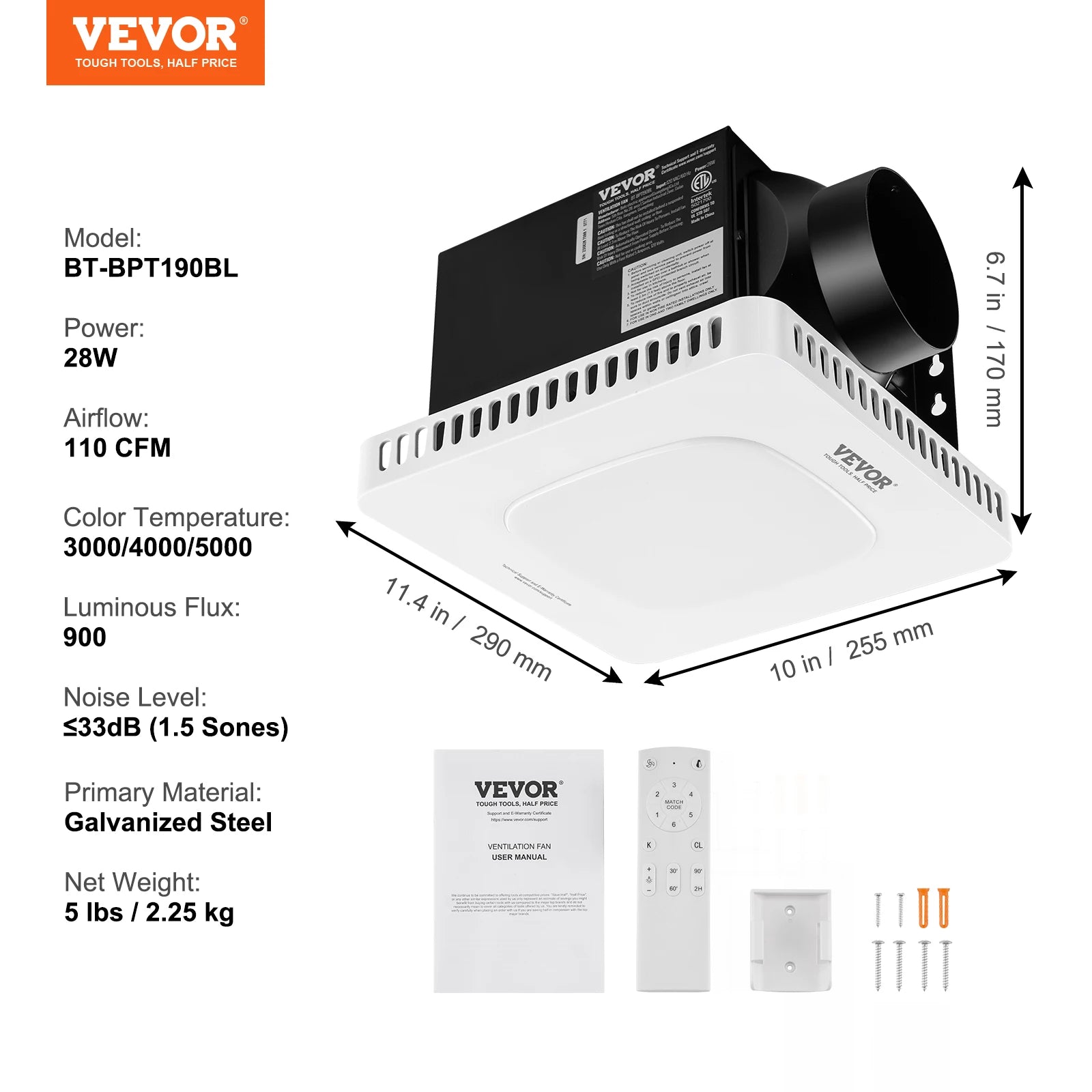 SucceBuy Bathroom Exhaust Fan 80/110CFM High-Efficiency Ventilation 1.5sones Low Noise Operation Energy-Saving Bathroom Ceiling