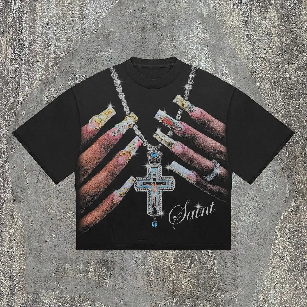 Streetwear Summer Tops Mens Womens Clothing Goth Retro Casual Cotton Oversized Short Sleeve Harajuku Cross Graphic Print T Shirt