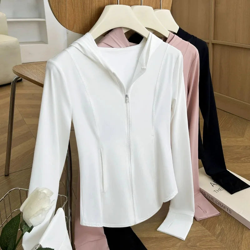 Women's Lce Silk Sun Protection Jacket 2026 New Long Sleeve Hooded Summer Thin Zipper Cardigan Korean Short Slim Sports Outwear