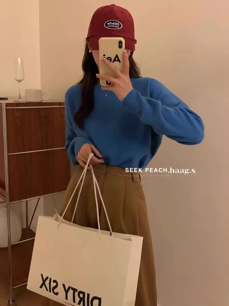 100% pure cashmere sweater women's round neck pullover long sleeve sweater loose short soft waxy knit bottom sweater