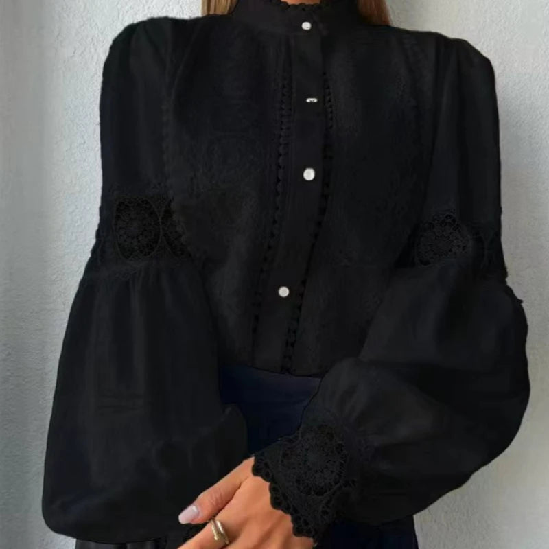 White Lace Blouses Women Elegant Solid Casual Lace and Button Hook Flower Hollow Puff Sleeves Blouse Top Lady Office Shirts