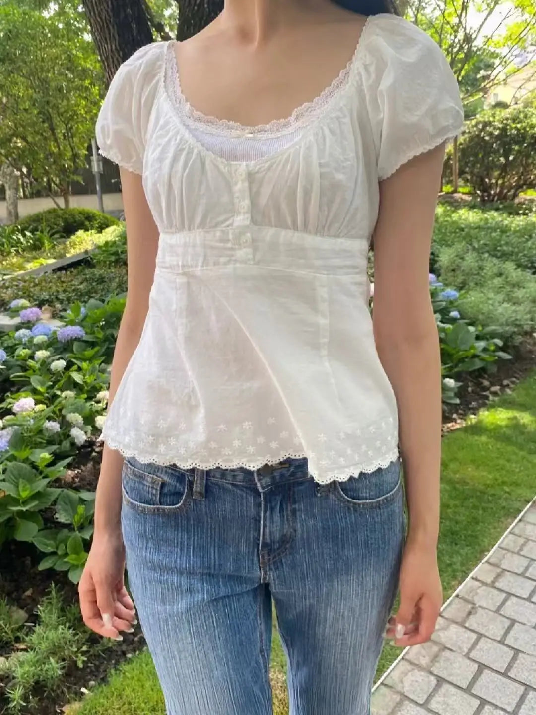 White Striped V-neck Buttons T-shirts Women New Casual Cotton Lace Trim Sexy Crop Tops Sweet Cute Preppy Style Blouse Tees Y2K