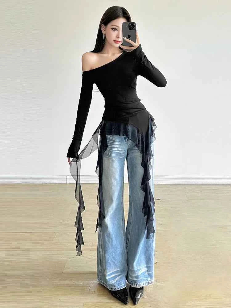 Lace Ruffles Tassel Off shoulder Long sleeve T shirt Women Sweet Gentle Basic Top Tees Shirt Sexy 2025 New