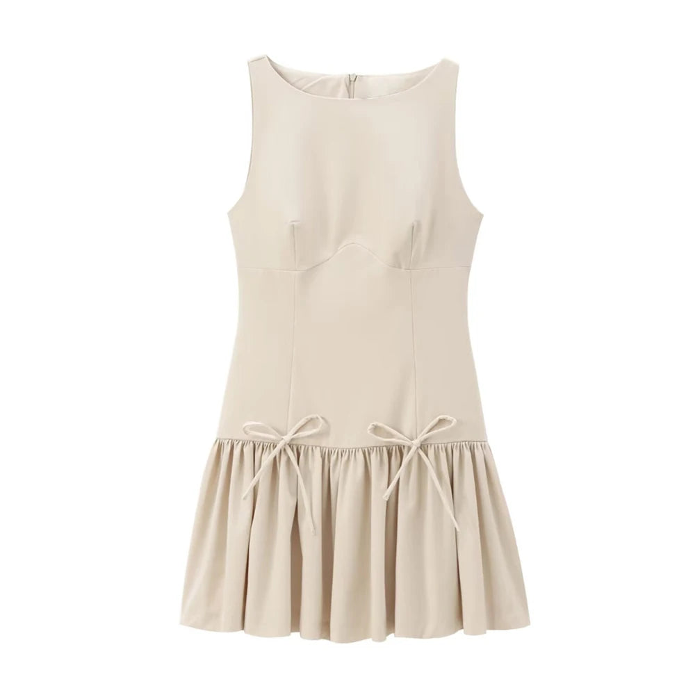 Women's Ruffled Mini Dress with Bows, O Neck, Sleeveless, Back Zipper, Female Dresses, Chic Fashion
