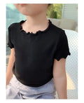 Girls' Casual Ice Silk Short-Sleeve T-Shirt, New Korean Style Children's Ruffled Top, Solid Color, Simple and Versatile