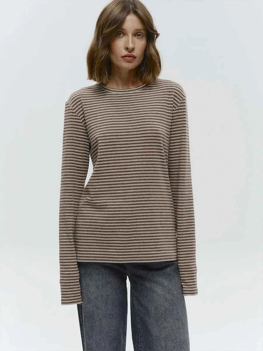 Bornladies Autumn New Fashion Women Cotton Striped Long Sleeve T Shirt Office Casual Simple Round Neck Pullover Tops & Tees