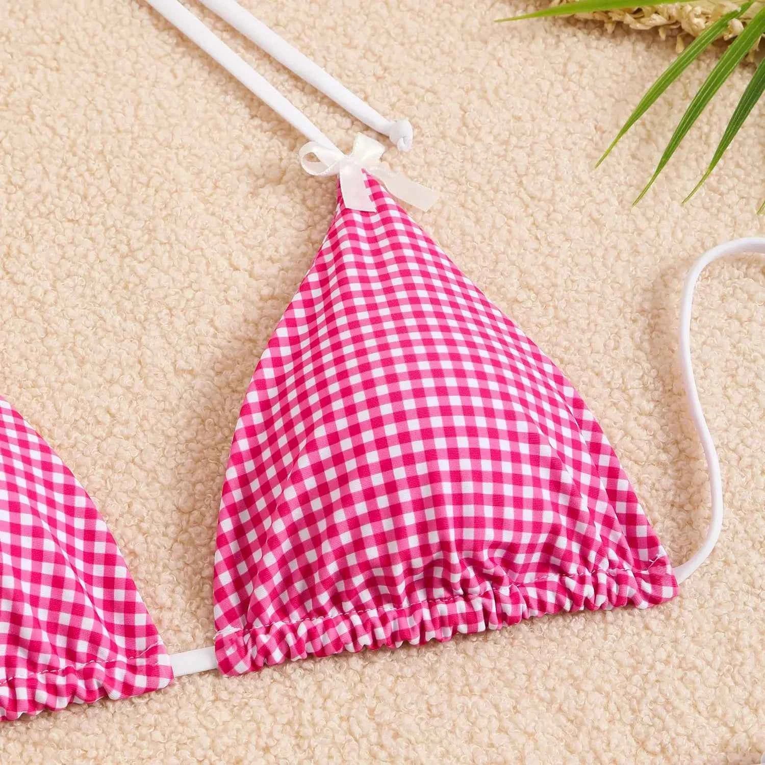 Circyy 2026 Bathing Suit Women Plaid Dot Split Swimsuit Neck-mounted Bow Tie Beachwear Vintage Simple Two-piece Bikinis Summer