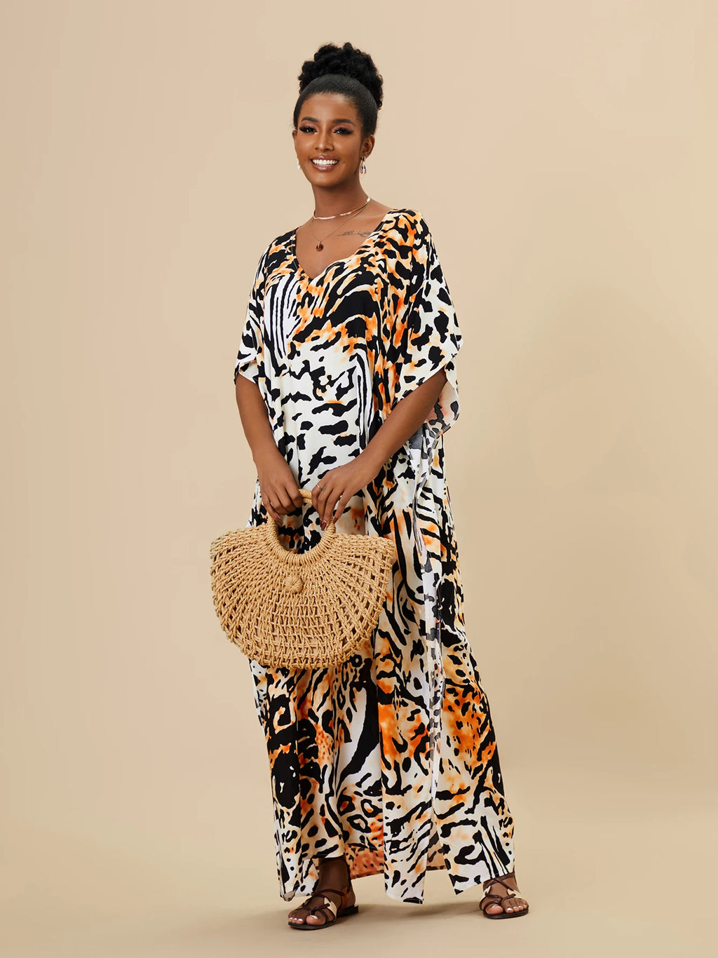EDOLYNSA 2023 Bohemian Printed Loose Kaftan Casual Summer Vacation Maxi Dress Women Clothing Beach Wear Swim Suit Cover Up Q1469