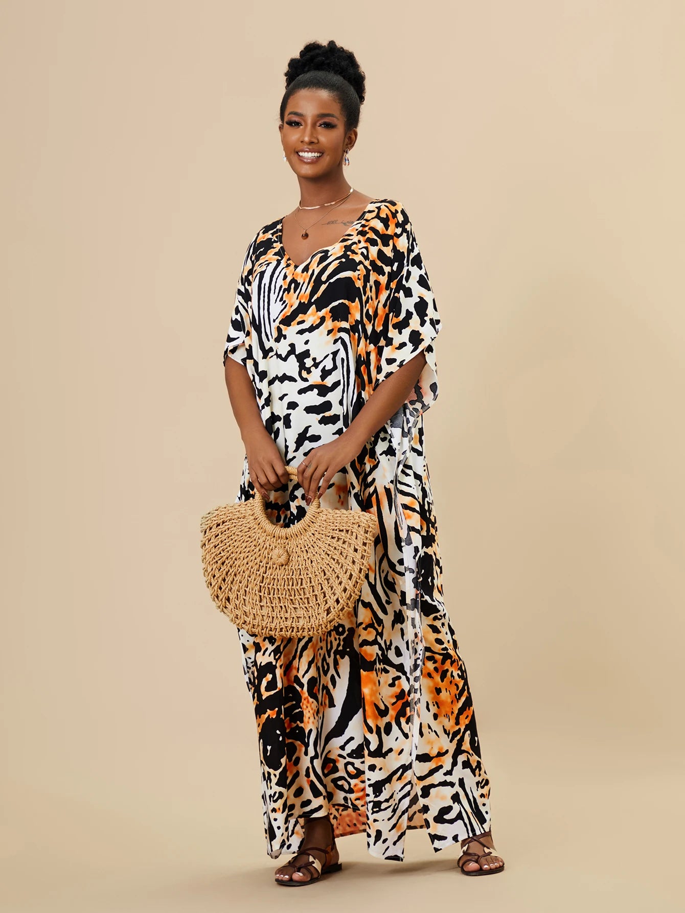 EDOLYNSA 2023 Bohemian Printed Loose Kaftan Casual Summer Vacation Maxi Dress Women Clothing Beach Wear Swim Suit Cover Up Q1469