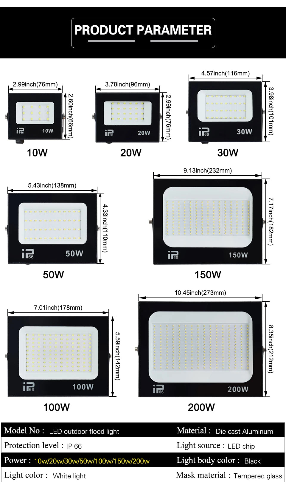 LED Flood Light Spotlight AC220V 100W 200W IP66 Waterproof LED Black Shell Garden Street Gate Wall Floodlights