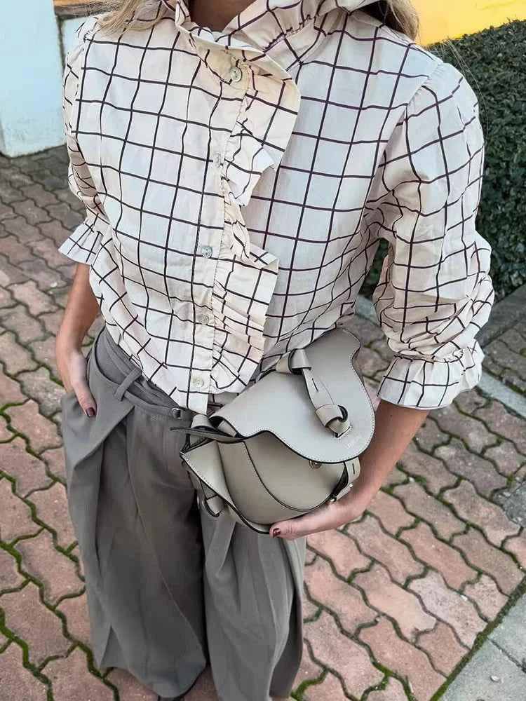 Sweet Women Ruffles Plaid Purple Shirts 2025 Fashion Ladies Casual Stand Collar Blouses for Party Female Elegant Tops Clothes