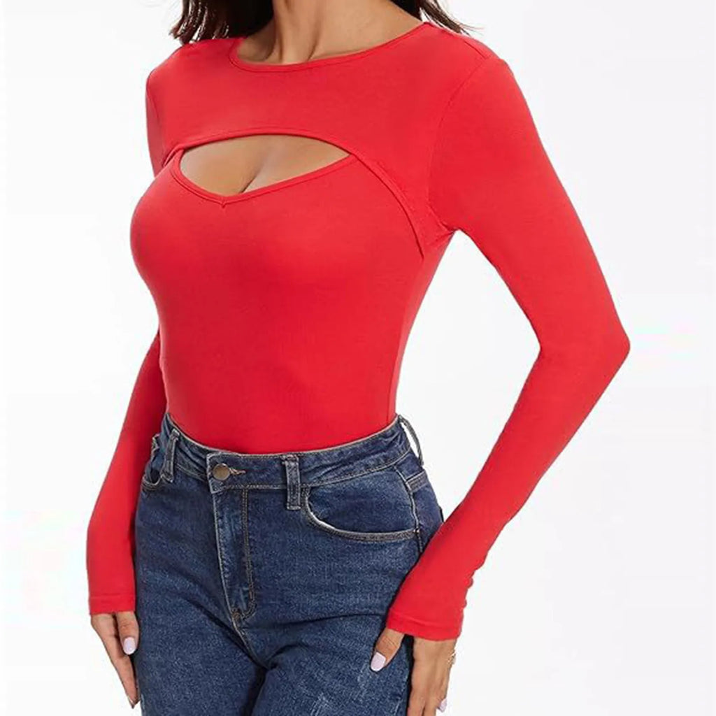 Spring Autumn Women's Long Sleeve T-Shirt Fashion Casual Front Hollow Slim Sexy Top Female Slim Bottoming Shirt Pullover