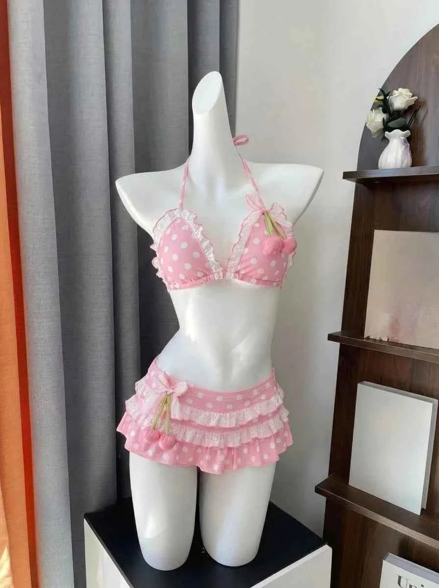 2026 Y2K Summer Sweet Pink White Dot Sets Lovely Cherry Decor Sexy Lace Trim Style Casual Bikini Swimsuit Beach Holiday Wear