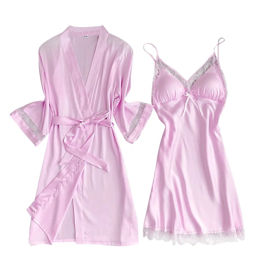 2pcs Women Pajamas Suit Silky Satin Nightgown Nightdress Set Lace Patchwork Lace-Up Women Bathrobe Sleepwear Set