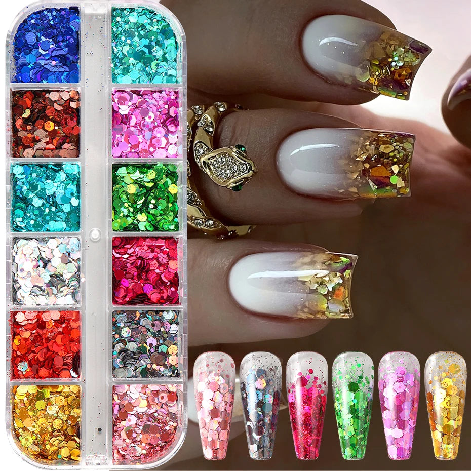 12 Colors Sparkly Holographic Nail Art Glitter Sequins Laser 3D Hexagon Flakes Nail Powder Makeup Nail Art Decorations Manicure