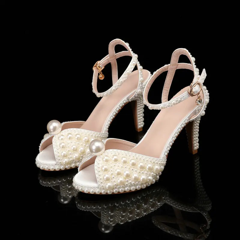 2025 Autumn New Fish Mouth High Heels Waterproof Platform Shallow Mouth 8.5cm Pearl Women'S Single Shoes Bride Wedding Shoes