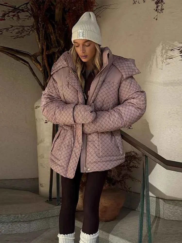 Printed Female Winter Cotton Quilted Jacket Hooded Thicken Zipper Single Breasted Long Sleeve 2025 New Casual Coat Loose Outwear