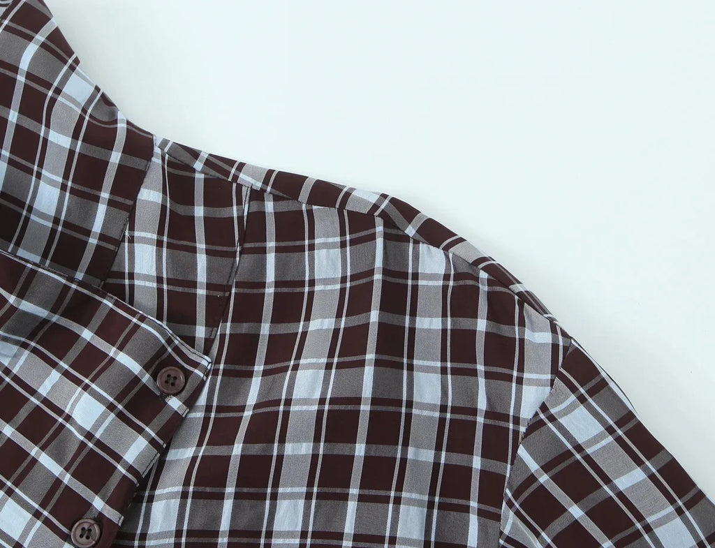 KONDALA Streetwear Casual Chic Women Blouse Plaid Stand Collar Single Breasted Blouse Fashion 2026 Spring Summer Holiday Blouse