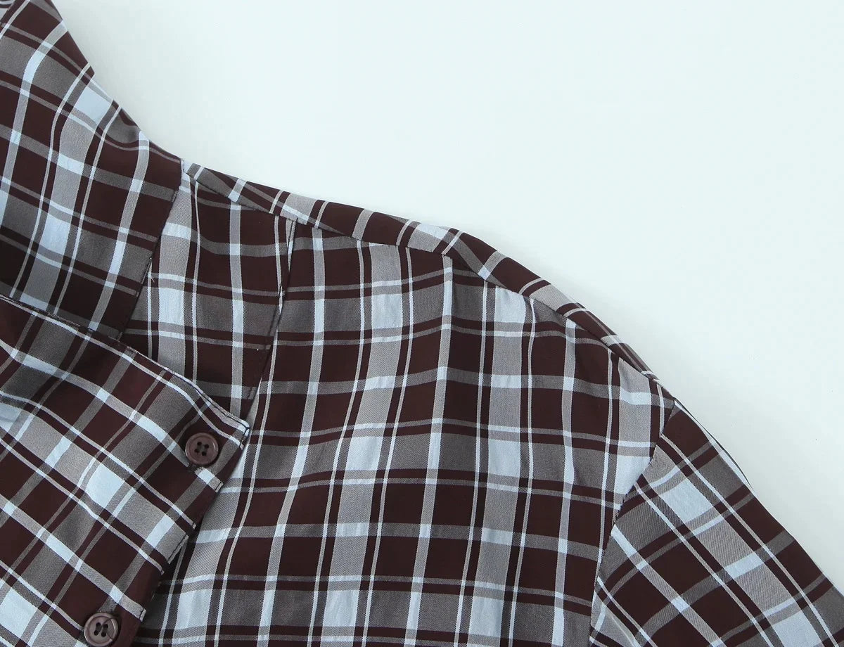 KONDALA Streetwear Casual Chic Women Blouse Plaid Stand Collar Single Breasted Blouse Fashion 2026 Spring Summer Holiday Blouse
