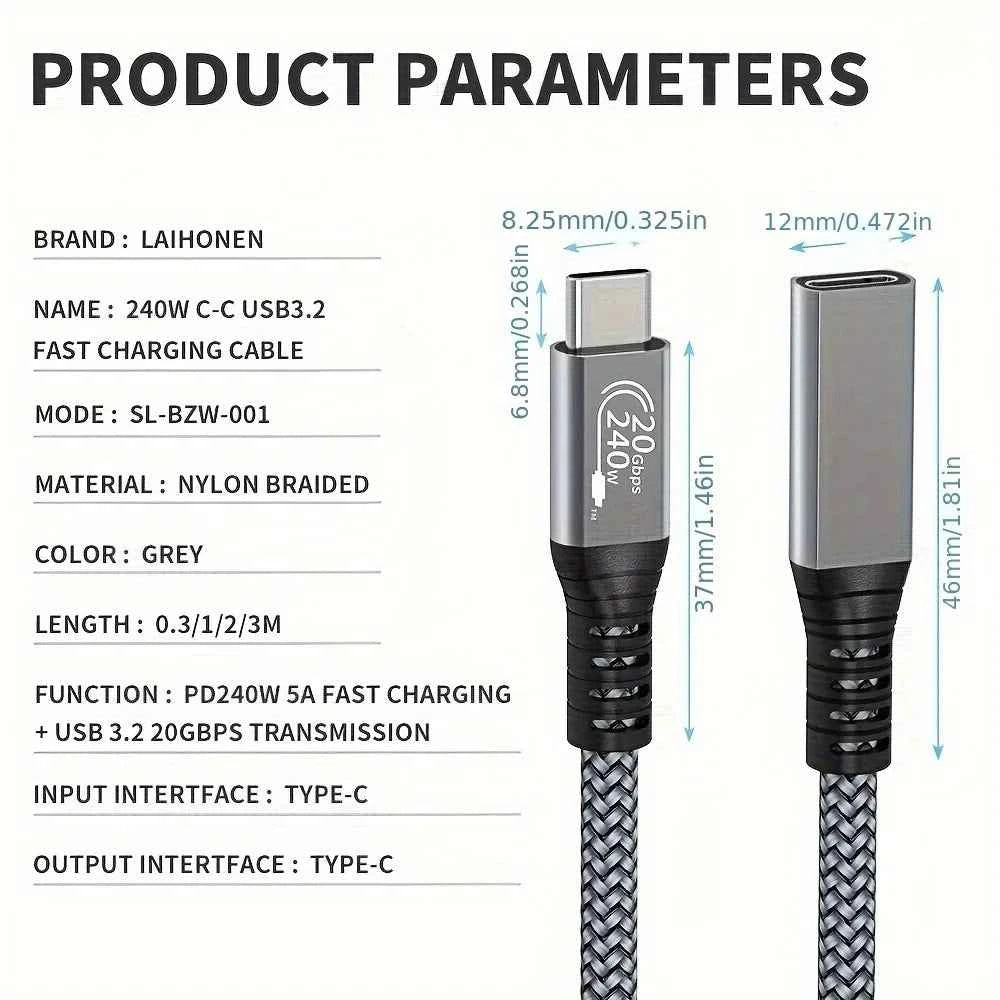USB C extension cable 10ft 240W charging 20Gbps data transmission 4K Video USBC 3.2 Type C extension cable mobile phone  etc