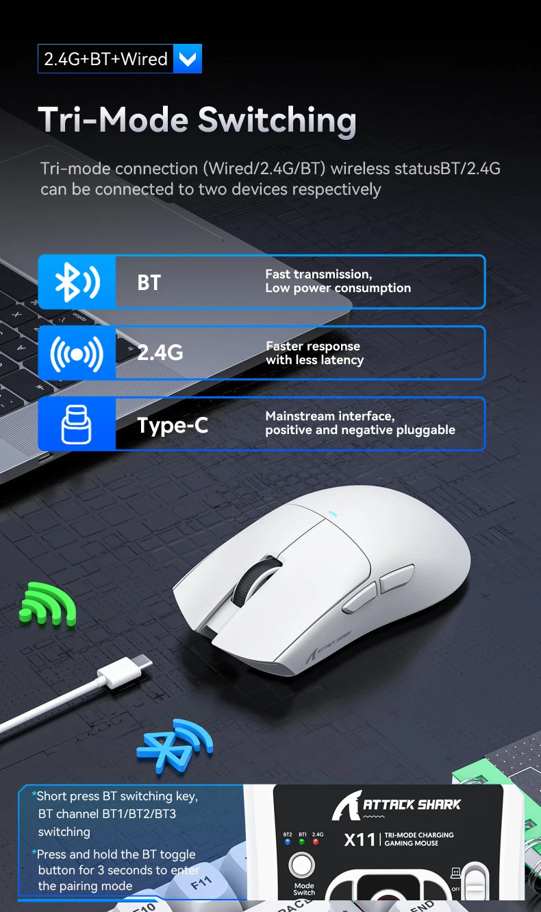 Attack Shark X11 & X11se Wireless Gaming Mouse,Bluetooth Tri-Mode Connection, PixArt PAW3311,Touch Magnetic Charging Base