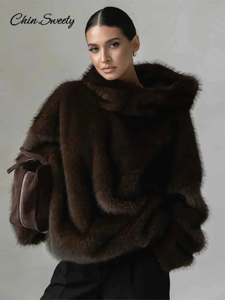 Women Solid Faux Fur Hooded Pullover Casual Full Sleeve Warm Loose Thick Tops Lady New Daily Chic Elegant Winter Outwear 2025