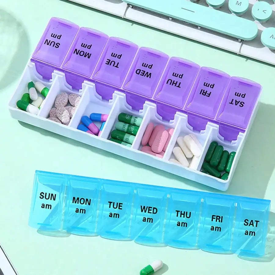 14-Grid Color Pill Box, Portable One-Week Pill Box Set, Mini Combination Pill Box Packing, Daily Regular Reminder Pill Box Monday To Sunday Full Coverage Travel Carry-On & Handbag Essentials, Efficient Management Of Vitamins