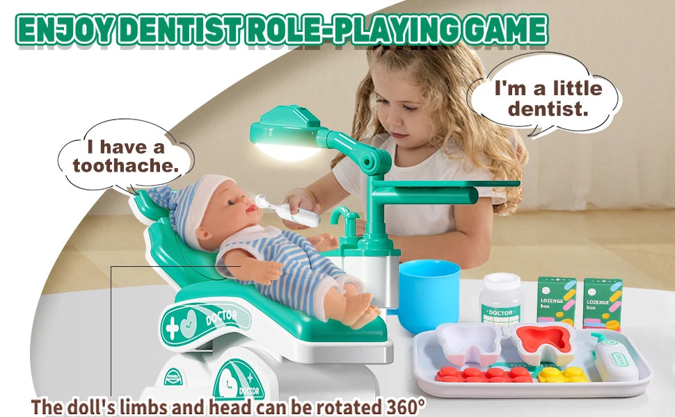 Kids Doctor Play Set Medical Kit with Dental Tools Simulation Dentist Game Pretend Role Play Toys for Boys Girls Gifts