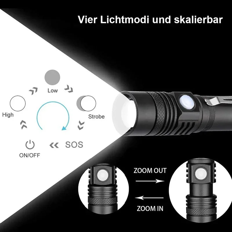 Powerful LED Flashlight with Clip Portable Telescopic Zoom Rechargeable Defense Flashligh For Outdoor Camping Hiking Cycling