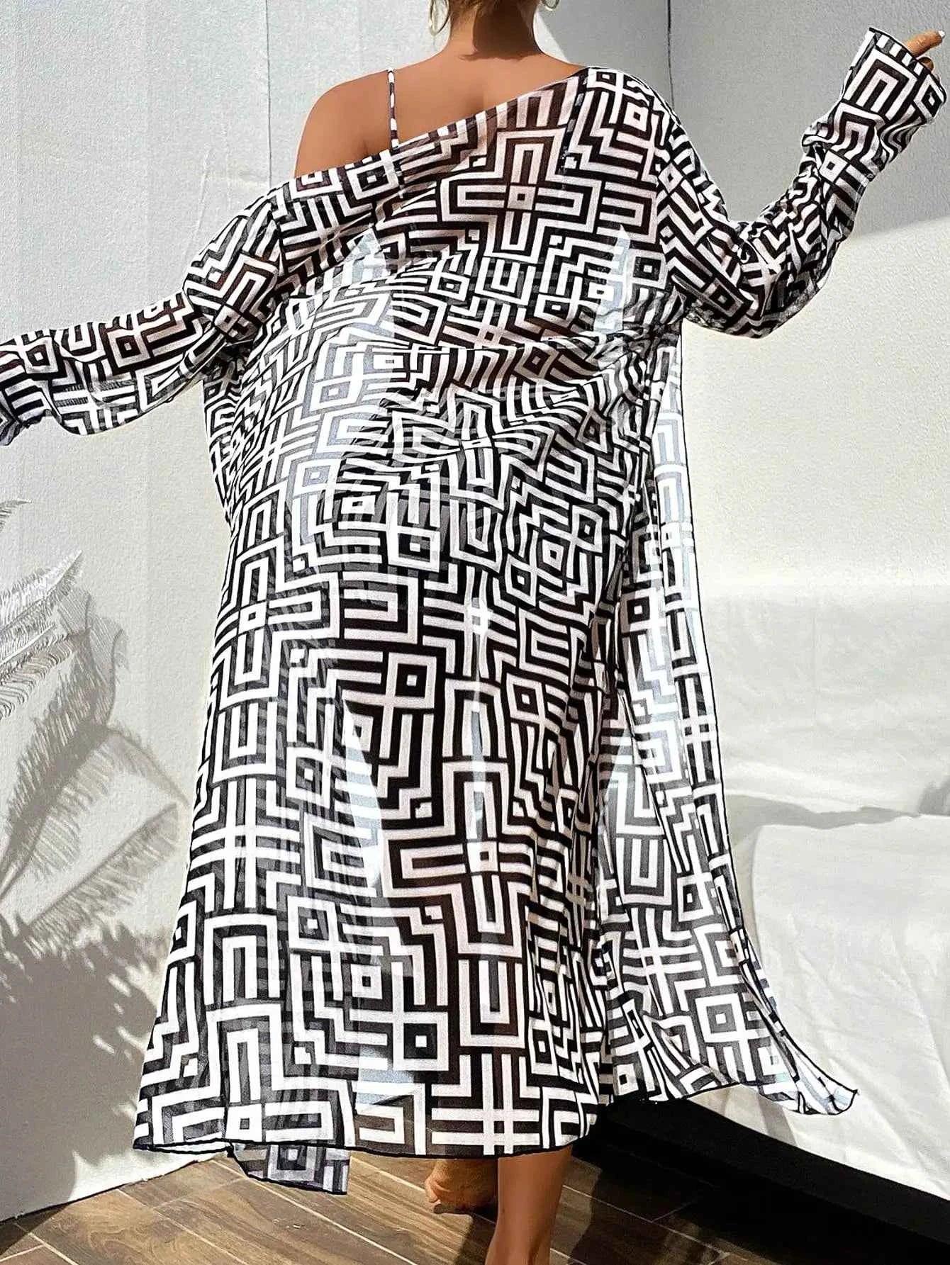 Women's Beach Summer Geometric Print Three-Piece Swimsuit Set with Long Sleeve Beach Cover-Up, Polyester Knit Fabric with Elasta
