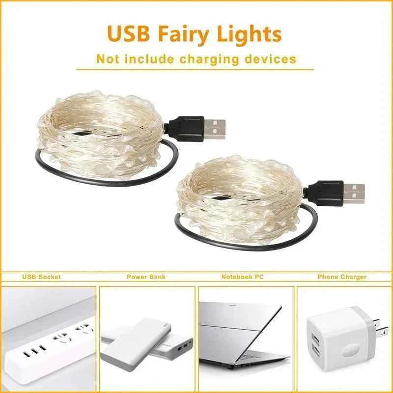 USB Led Fairy Lights Copper Wire String 20M 200LED Holiday Outdoor Lamp Garland For Christmas Tree Wedding Party Decoration
