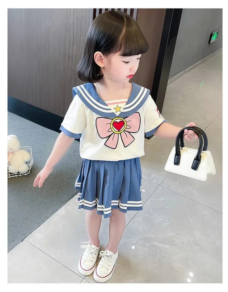 Baby Girls Clothes Sets Summer Bow Striped Tops Pleated Skirts Suits Cute Sailor Moon Cosplay Party Custume Children Clothes Set