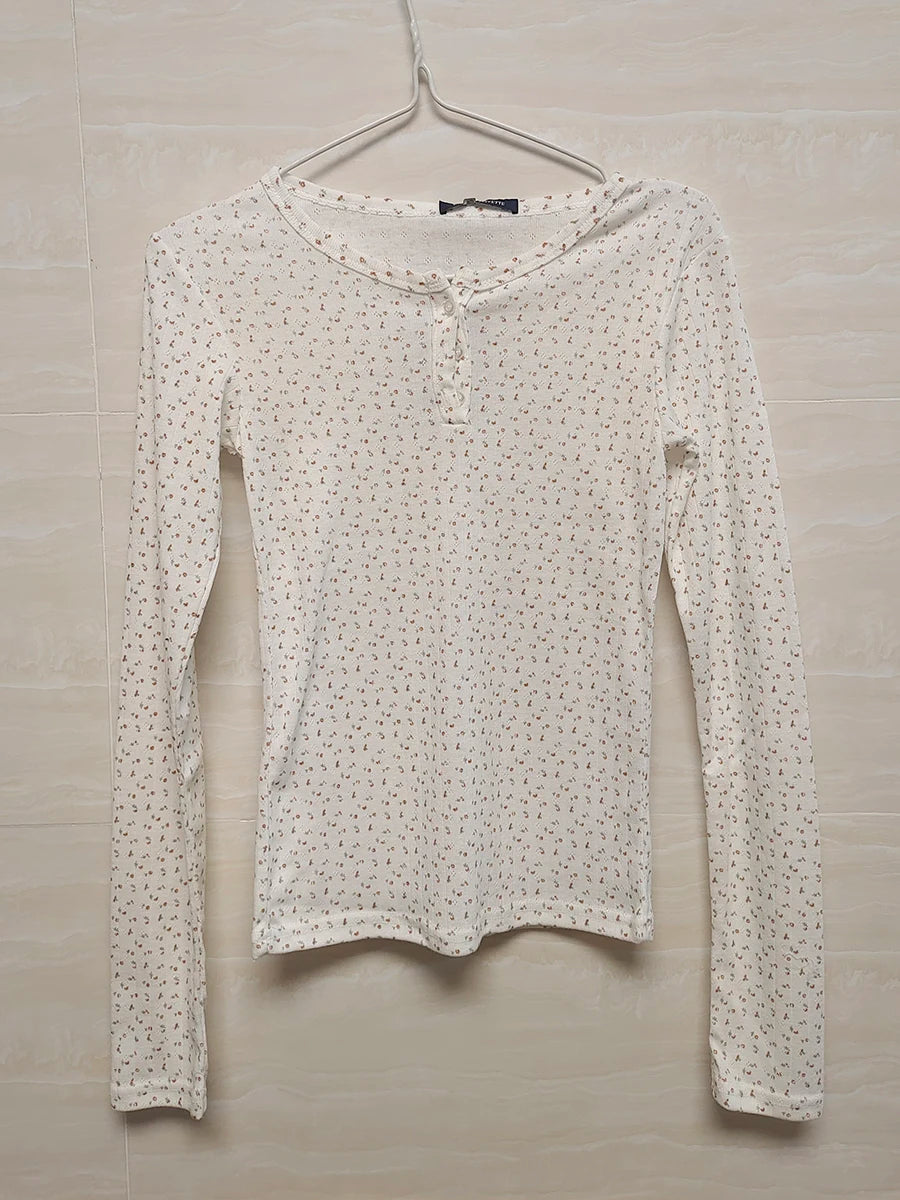 Hollow Out Pink Long Sleeve T-Shirt Summer Round Neck Buttons Cotton Slim Sexy Top for Woman Vintage Sweet Cute Y2K Tops Chic