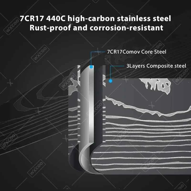 WXCOO Chef Knife Japanese Kitchen Knives Set Professional Laser Damascus Pattern Stainless Steel Meat Cleaver Slicer Knife