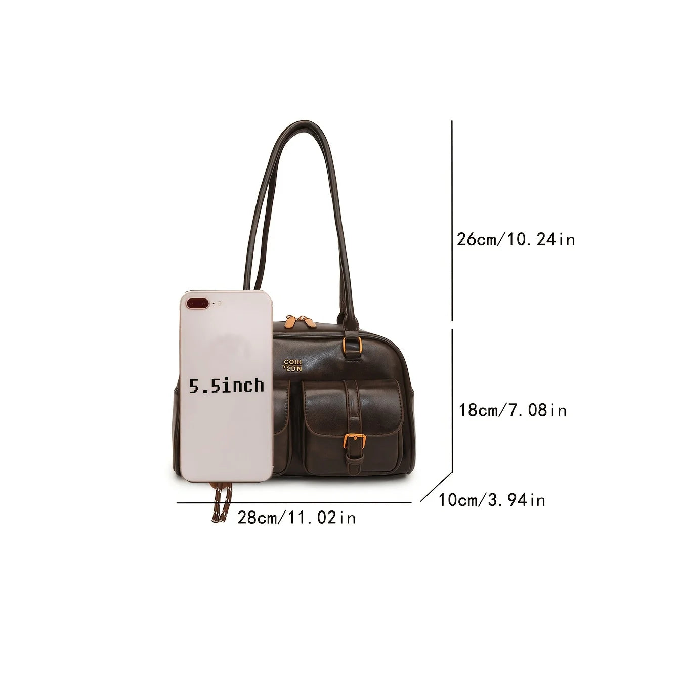 Women Multi Pocket Shoulder Tote Bag with Golden-Tone Hardware & Letter, Stylish Handbag Purse for Travel, Work, Shopping, Dates