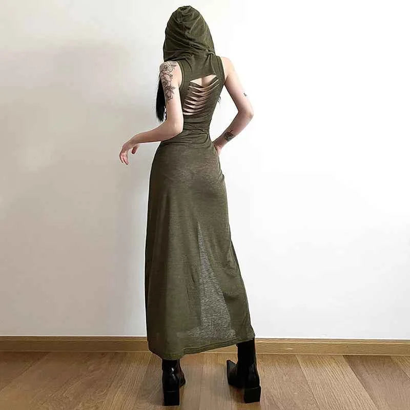Summer 2023 Sexy European And American Style Sleeveless Hooded Dress Long Split Hollow out Pure Color Women's Gown