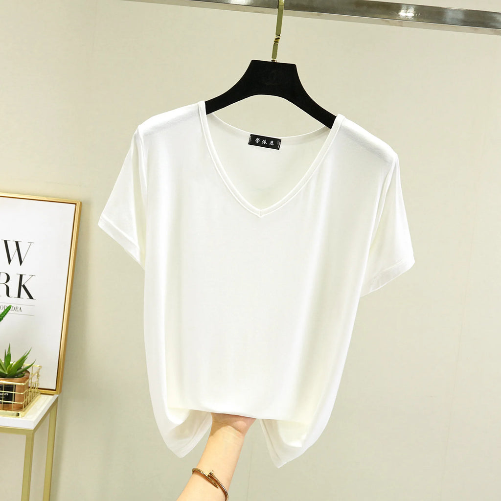 Summer women Modal V-Neck Tshirt Thin Bottoming T-shirts Plus size Loose tee tops Streetwear Basic Top