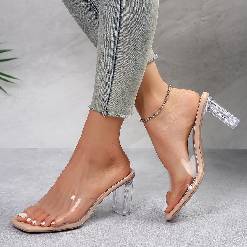 Pumps Women's Crystal Clear Transparent Sandals 2025 Summer New PVC Slippers Fashion Square Toe Mules High Heels Sandalias Lady