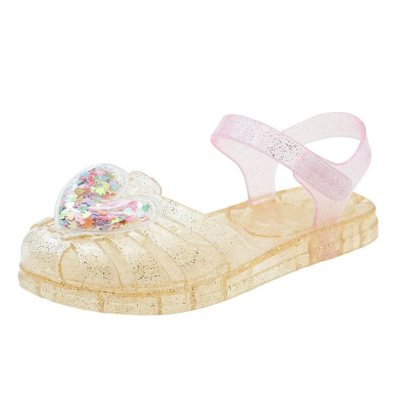 2026Kids' Sandals Ourdoor Crystal Jelly Shoes PVC Love Baby Fashion Flat For Girls Breathable Anti-slip Purple Sliver Size 24-35
