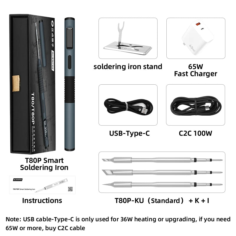 ALIENTEK T80/T80P Electric Soldering Iron Adjustable Temperature 100W Fast Heat Portable Digital Smart Welding Station C210 C245