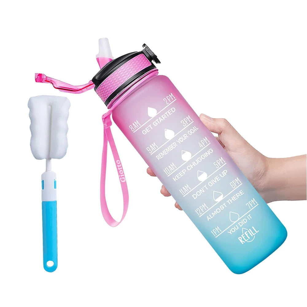 1L Water Bottle With Straw 32oz Water Bottle With Time Marker Motivational Tritan, Bpa Free Leak Proof Water Cup with Brush