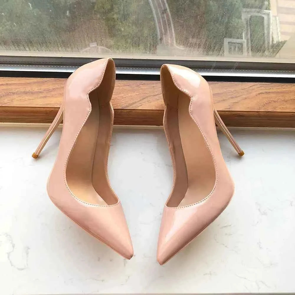 Tikicup Solid Nude Patent Women Pointy Toe Stiletto High Heels Slip On OL Wedding Party Dress Shoes Elegant Ladies Formal Pumps