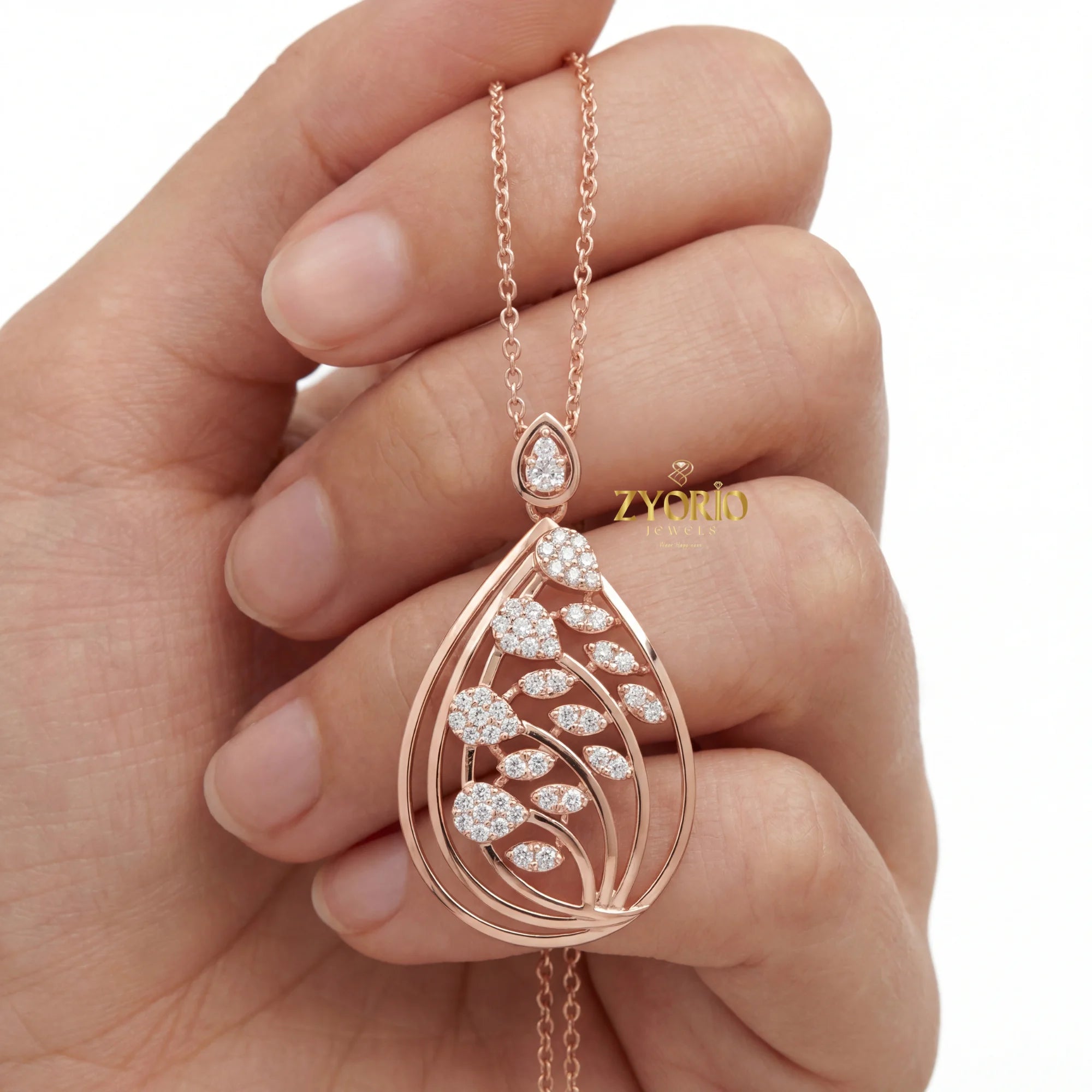 Leafy Teardrop Diamond Pendant Necklace with Link Chain Rose Gold Plated Luxury Women Engagement Wedding Party Jewelry
