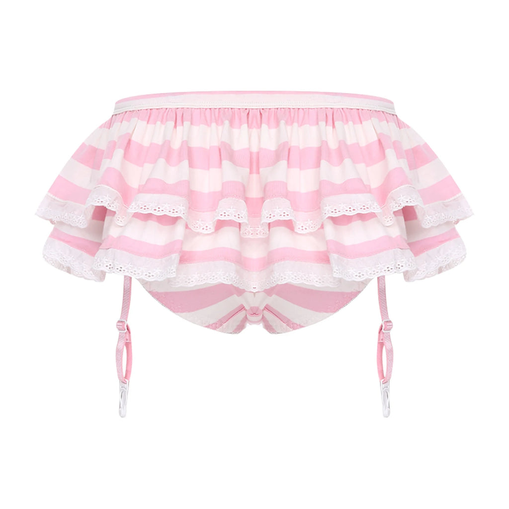 Women Anime-style Built-in Briefs Miniskirt with Garters Belt Culottes Cute Tiered Striped Hem with Lace Trim Bow Shorts Skirt